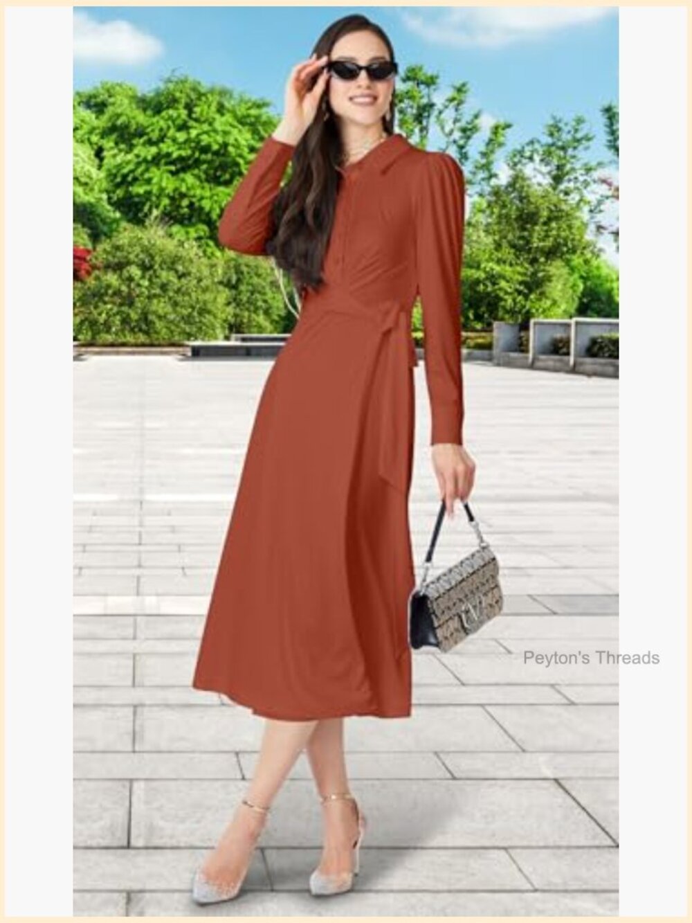 Long Sleeve Flowy Wrap Collar Midi Dress - Modest Office - Picture 4 of 7